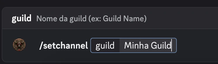 Exemplo do comando /setchannel guild Minha Guild no Discord
